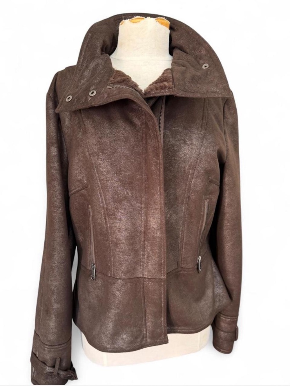 Via Spiga Metallic Soft Faux Shearling Faux Suede Moto Jacket Size XL